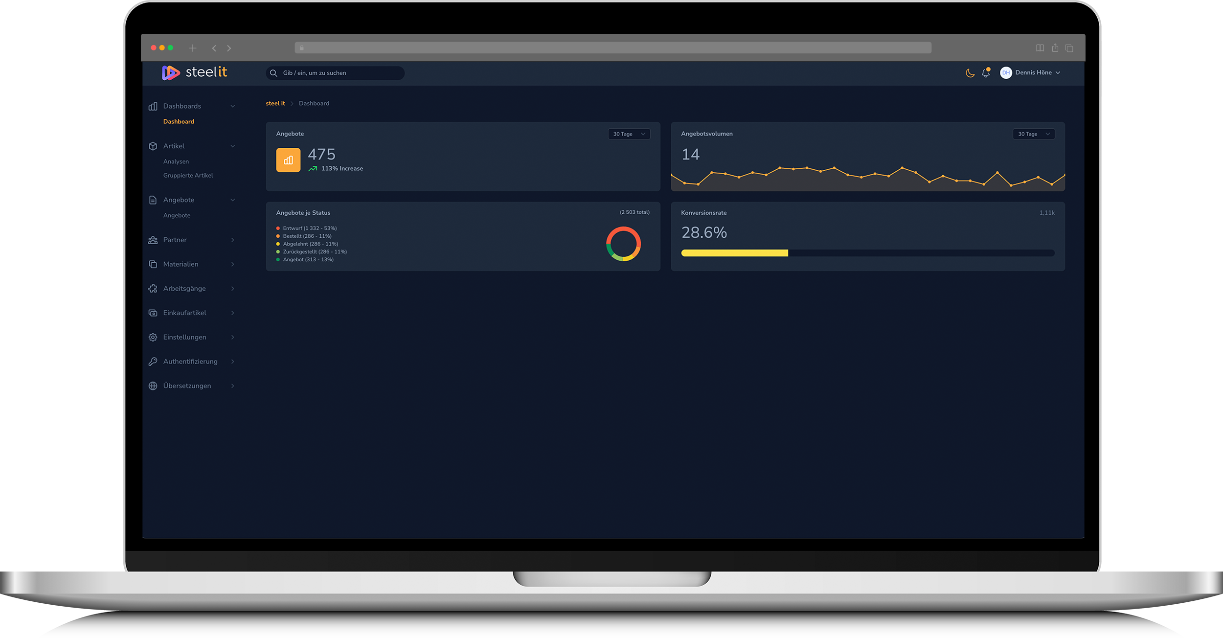 SteelIT-Dashboard, dunkler Modus