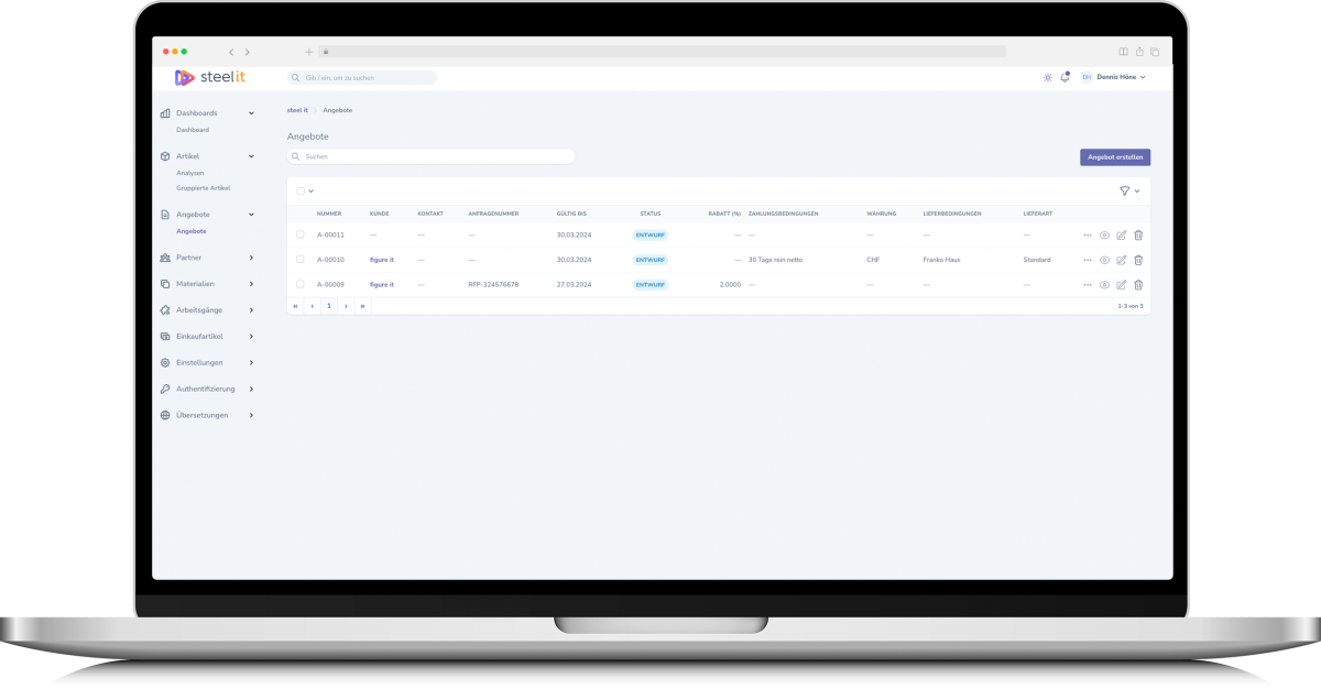 Overview of all quotes in SteelIT, light mode
