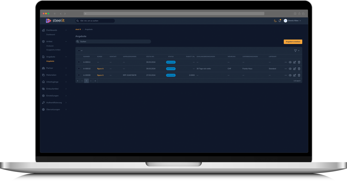 Overview of all quotes in SteelIT, dark mode